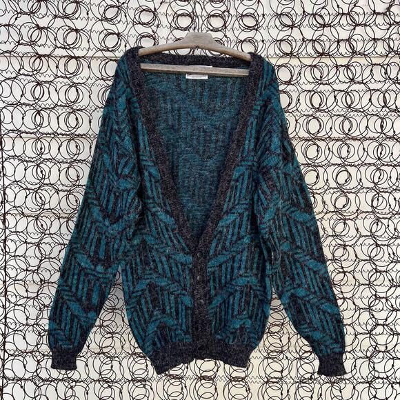 Vintage 80s LeTigre XL Tall Man Grandpacore Teal Black Chevron Aztec Cardigan - Picture 1 of 4